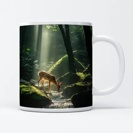 Fawn Drinking From Forest Stream Sunlight
