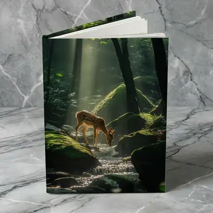 Fawn Drinking From Forest Stream Sunlight