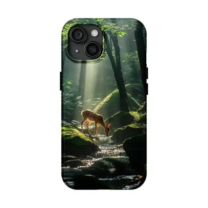 Fawn Drinking From Forest Stream Sunlight