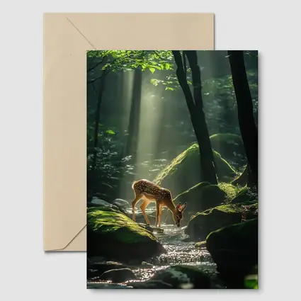 Fawn Drinking From Forest Stream Sunlight