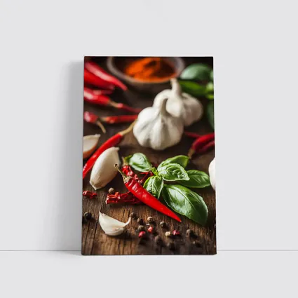 Red Chili Garlic Basil Spices Rustic Wood