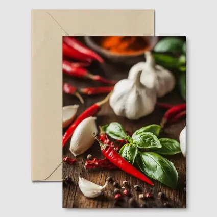 Red Chili Garlic Basil Spices Rustic Wood