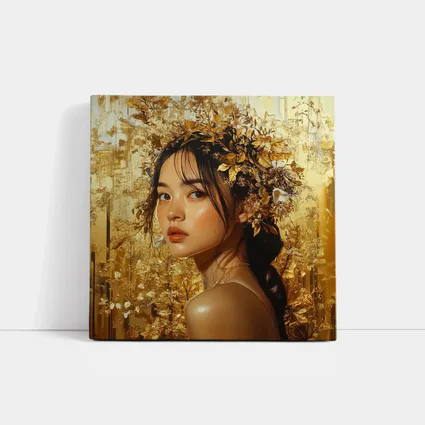 Asian Woman Golden Floral Crown Portrait Art