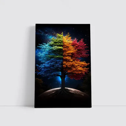 Colorful Tree Split Seasons Starry Night