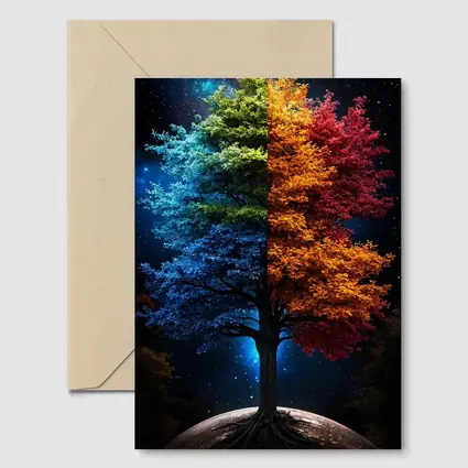 Colorful Tree Split Seasons Starry Night