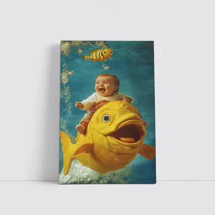 Happy Baby Riding Giant Yellow Fish Underwater