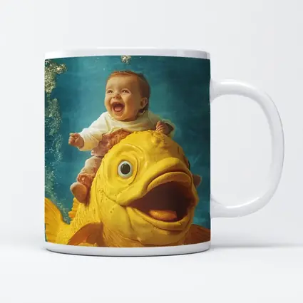 Happy Baby Riding Giant Yellow Fish Underwater