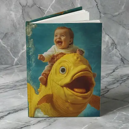 Happy Baby Riding Giant Yellow Fish Underwater