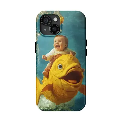 Happy Baby Riding Giant Yellow Fish Underwater