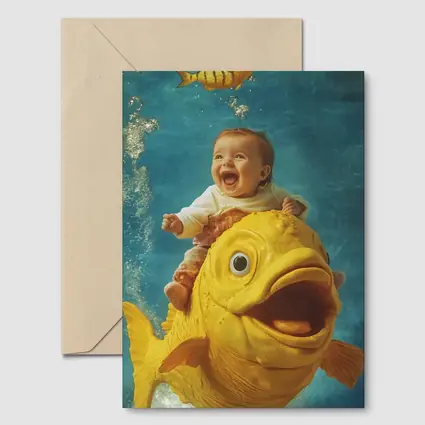 Happy Baby Riding Giant Yellow Fish Underwater