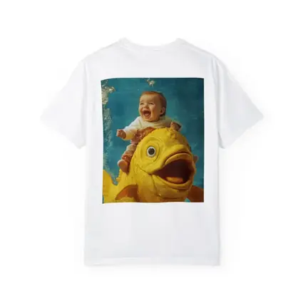 Happy Baby Riding Giant Yellow Fish Underwater