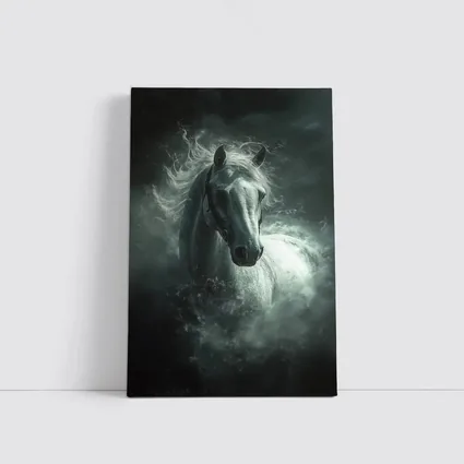 White Horse Emerging From Dark Misty Clouds