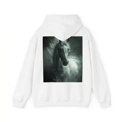 White Horse Emerging From Dark Misty Clouds