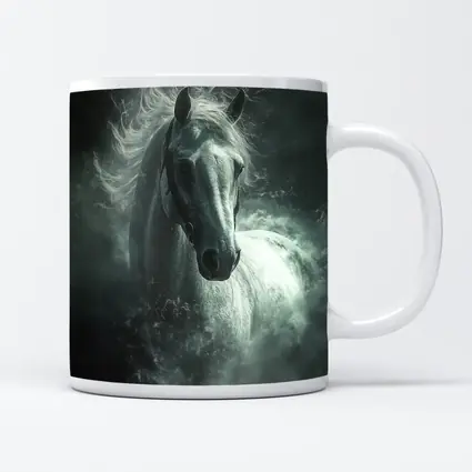 White Horse Emerging From Dark Misty Clouds