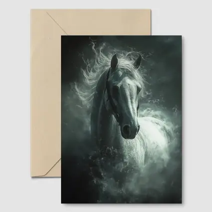 White Horse Emerging From Dark Misty Clouds
