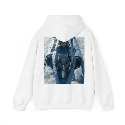 Female Pilot Riding Futuristic Spaceship Above Clouds