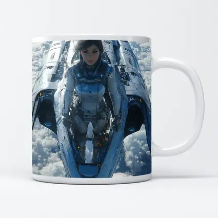 Female Pilot Riding Futuristic Spaceship Above Clouds
