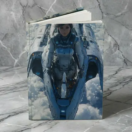 Female Pilot Riding Futuristic Spaceship Above Clouds
