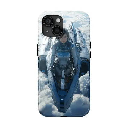 Female Pilot Riding Futuristic Spaceship Above Clouds