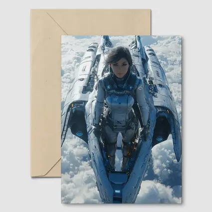 Female Pilot Riding Futuristic Spaceship Above Clouds
