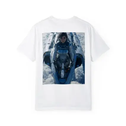 Female Pilot Riding Futuristic Spaceship Above Clouds