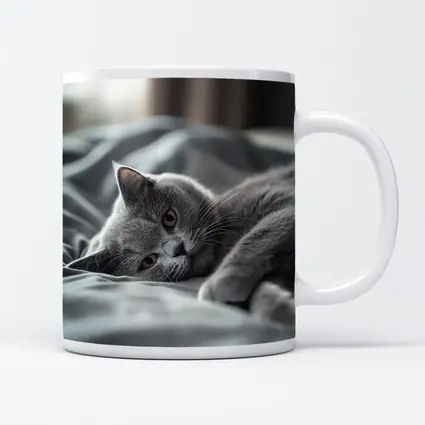 British Shorthair Cat Resting On Gray Bedding