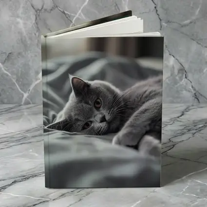 British Shorthair Cat Resting On Gray Bedding