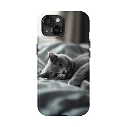 British Shorthair Cat Resting On Gray Bedding