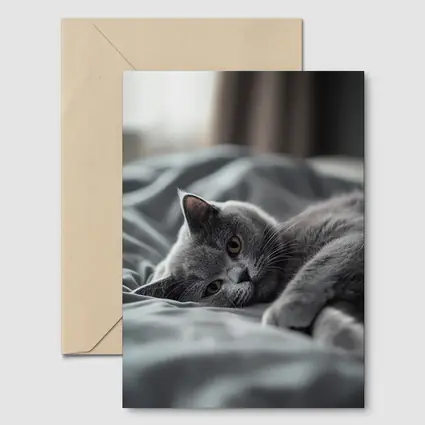 British Shorthair Cat Resting On Gray Bedding
