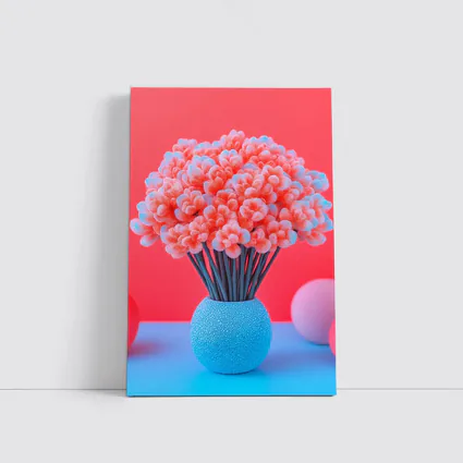 Pink Coral Flowers Blue Vase Red Background