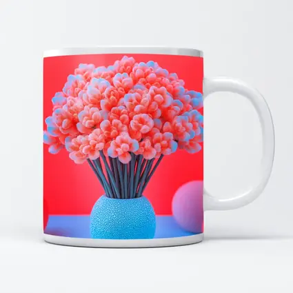 Pink Coral Flowers Blue Vase Red Background