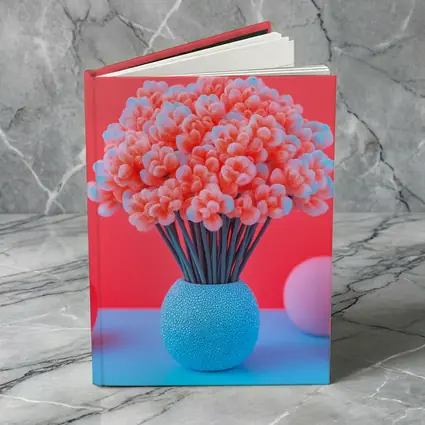 Pink Coral Flowers Blue Vase Red Background