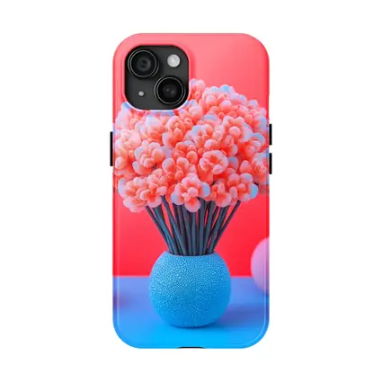 Pink Coral Flowers Blue Vase Red Background