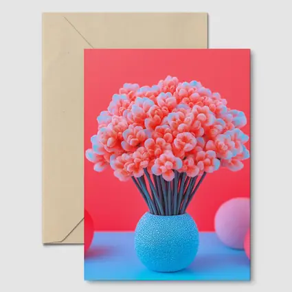 Pink Coral Flowers Blue Vase Red Background