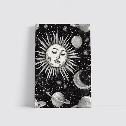 Black White Celestial Sun Face Space Art