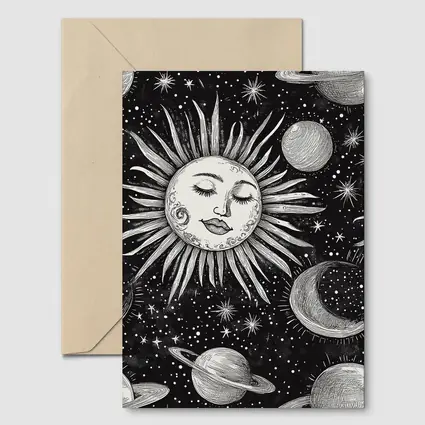 Black White Celestial Sun Face Space Art