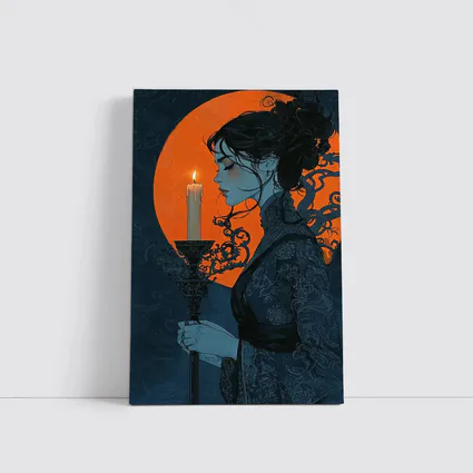 Woman Holding Candle Orange Moon Night