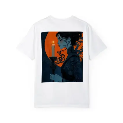 Woman Holding Candle Orange Moon Night
