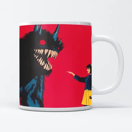 Girl Confronting Monster Anime Red Background