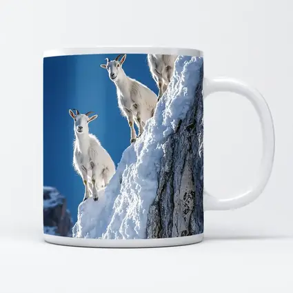 Mountain Goats Climbing Snowy Rocky Cliff