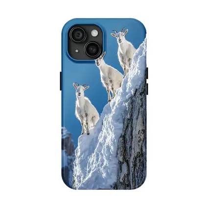 Mountain Goats Climbing Snowy Rocky Cliff
