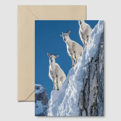 Mountain Goats Climbing Snowy Rocky Cliff