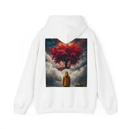 Person Standing Before Red Tree Cosmic Sky