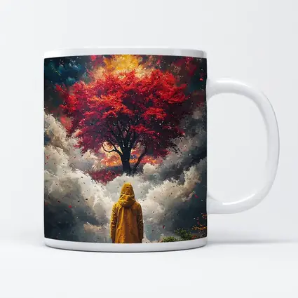 Person Standing Before Red Tree Cosmic Sky