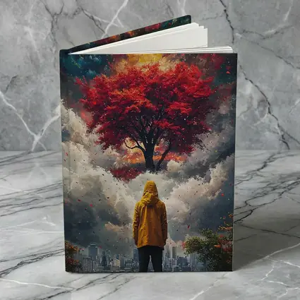 Person Standing Before Red Tree Cosmic Sky
