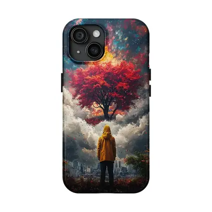 Person Standing Before Red Tree Cosmic Sky