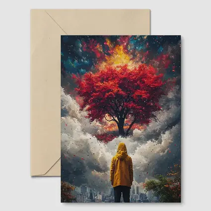Person Standing Before Red Tree Cosmic Sky