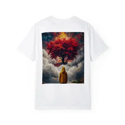 Person Standing Before Red Tree Cosmic Sky