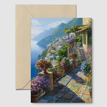 Amalfi Coast Terrace Flowers Mediterranean Painting