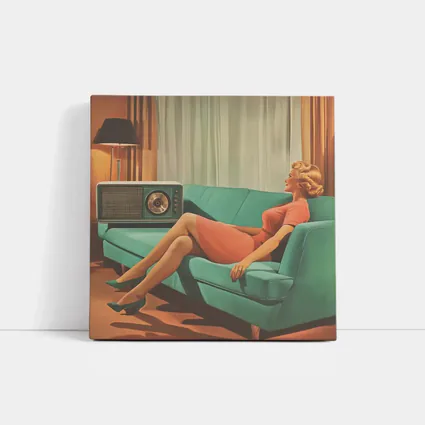 Retro Woman Relaxing On Teal Sofa